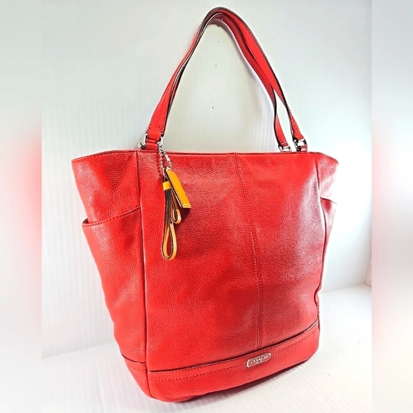 Coach Park North South Shoulder Tote Bag Red Pebbled Leather Large Purse Carry - Picture 3 of 16